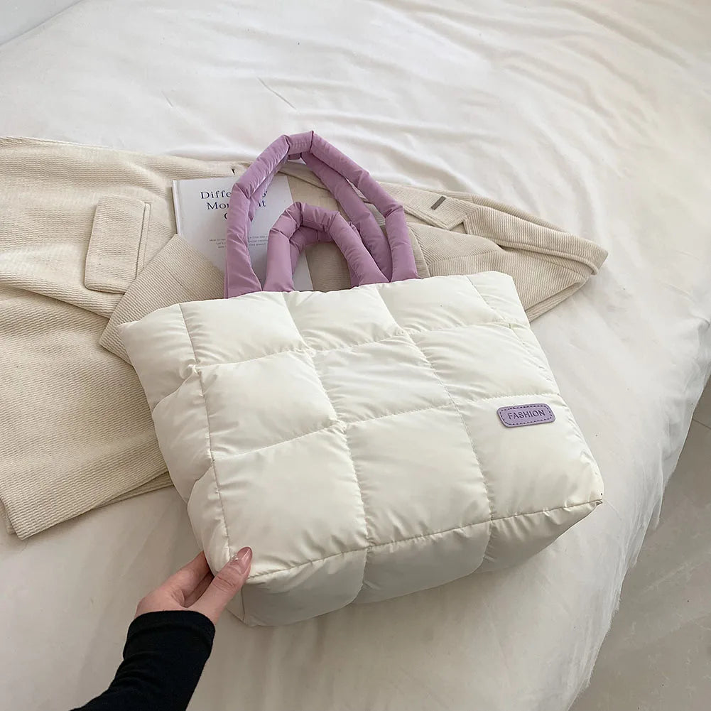 Women’s Checkered Quilted Down Tote Bag
