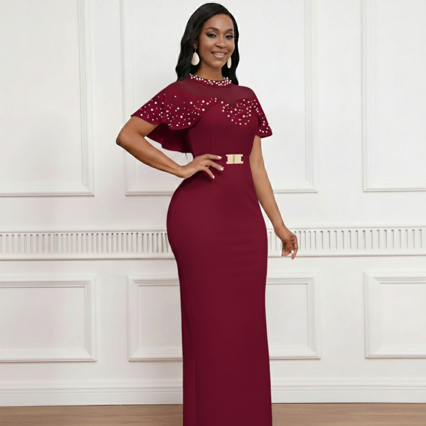 Elegant Beaded Tulle Sleeve Dress