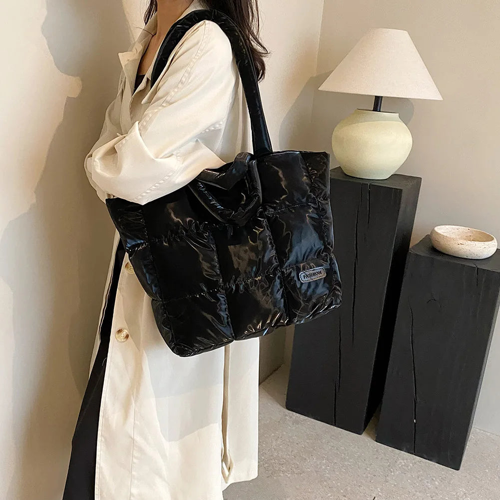 Women’s Checkered Quilted Down Tote Bag