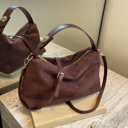 Faux Suede Zipper Shoulder & Crossbody Bag