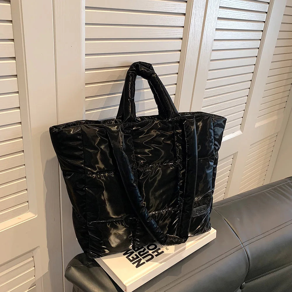 Women’s Checkered Quilted Down Tote Bag